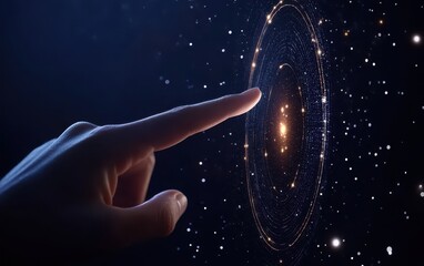 A fingertip interacts with a glowing, swirling cosmic orb, evoking themes of technology, exploration, and the vastness of space