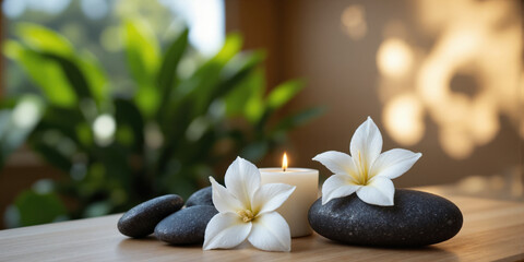 Candle, flowers, and spa stones Spa composition with white flowers, a candle and spa stones.