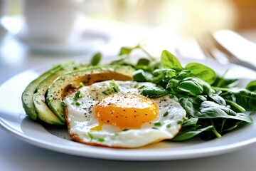 Sunny-side-up egg, avocado slices, and spinach on a white plate