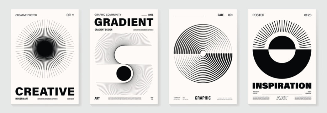 Abstract monochrome poster background vector set. Modern cover template with black and white perspective geometric prism shape, line. Ideal design for social media, banner, ads.