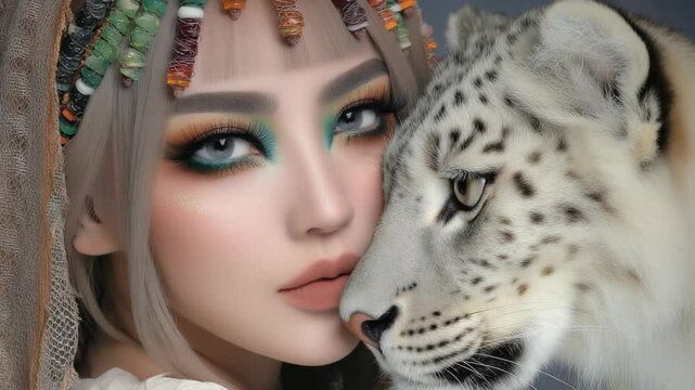 close up face pretty Caucasian woman wearing fancy makeup with a snow leopard  tribal theme 