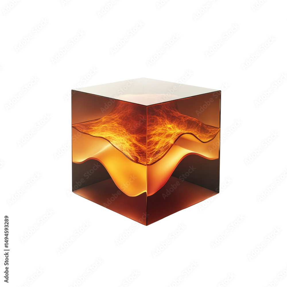 Poster abstract cube with inner fire and fluid dynamics 3d render of molten lava in glass
