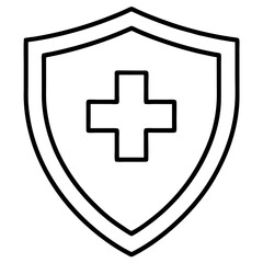 Medical shield line art black icon on white background.