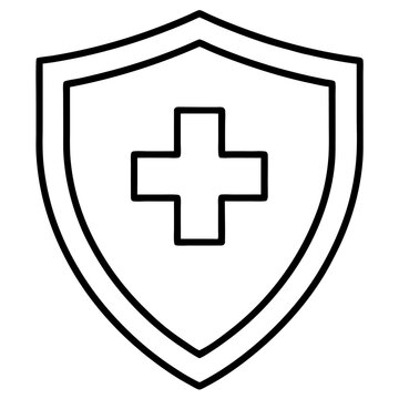 Medical shield line art black icon on white background.