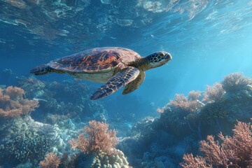 Obraz premium Majestic sea turtle gracefully swimming through vibrant coral reef in clear blue ocean water under sunlit surface