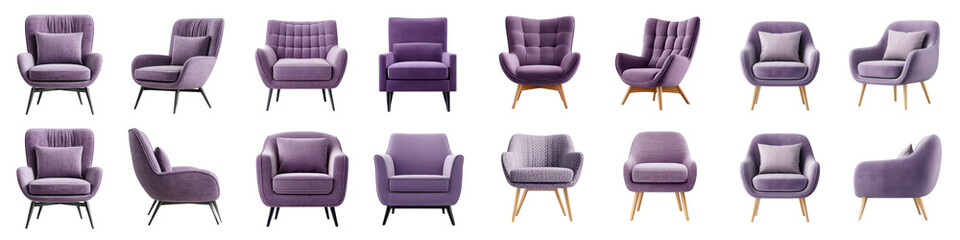 Obraz premium Assortment of stylish purple upholstered armchairs and chairs