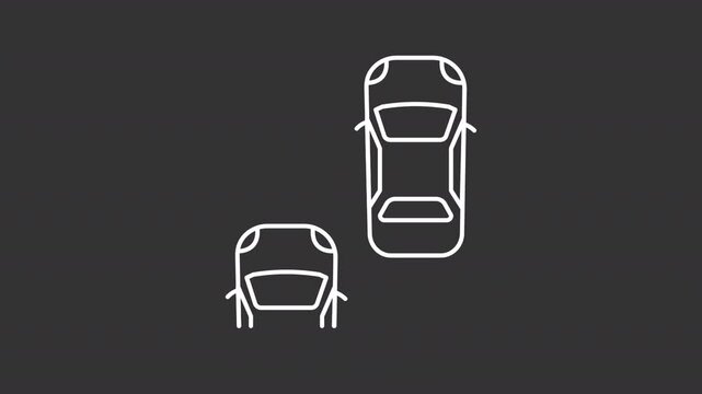 Blind spot monitoring white line animation. Vehicle sensor device detecting cars side and rear animated icon. Driving safely technology. Isolated element on dark background. Alpha transparent video