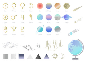 宇宙をイメージしたイラストセット　惑星記号　太陽系惑星　挿絵　背景イラスト　太陽　月　地球　惑星 © gelatin