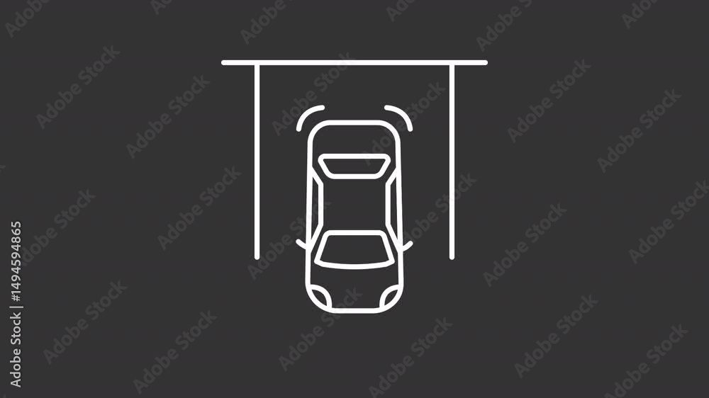 Poster animated car with parking sensors white line icon. system alerting driver of obstacles on way animat