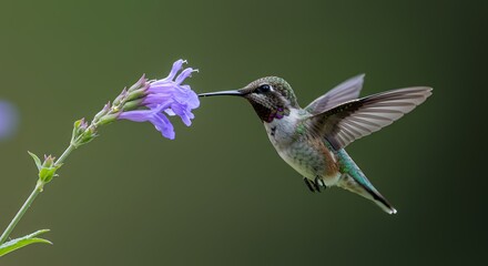 Hummingbird feeding on purple flower