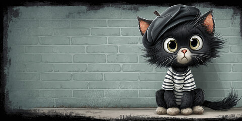 Whimsical Feline in Beret: A charming black cat, adorned with a stylish beret, leans casually against a textured brick wall, exuding a playful and artistic vibe.