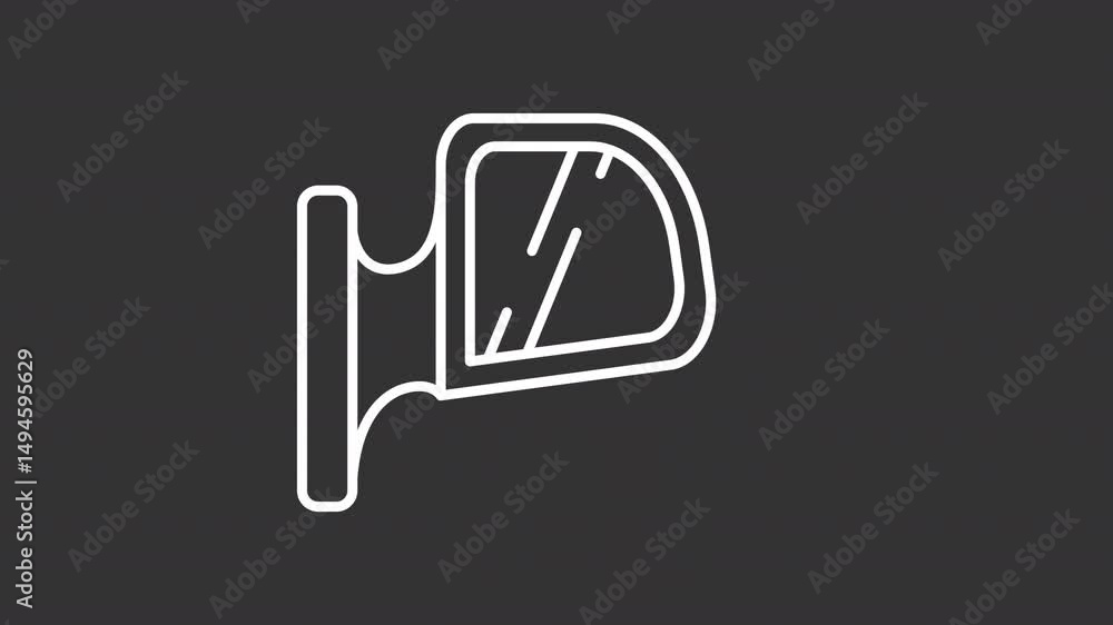 Poster animated side view mirror white line icon. adjusting car equipment to observe road animation. drivin