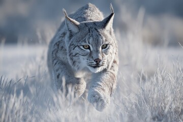 Obraz premium Majestic Lynx in Winter Landscape, Captivating Hunting Stance Amidst Snow-Covered Grassland and Frosty Background