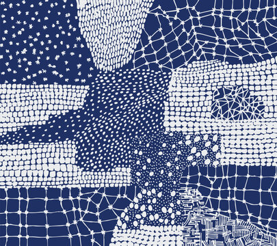 Hand drawn brush lines and paint daub abstract sashiko patchwork stitching pattern, Japanese folk wood carving, embroidery texture background in traditional white and blue, simple graphic for textile