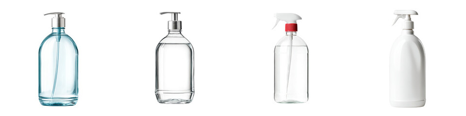 A collection of various household hygiene and cleaning product bottles and containers  long title A diverse assortment of transparent and translucent