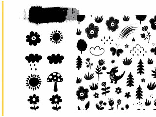 Seamless black ink blot animal footprint and floral leaf element vector icon set pattern design illustration