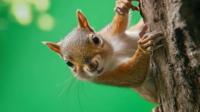 Curious squirrel peeking around the tree trunk close up with green background