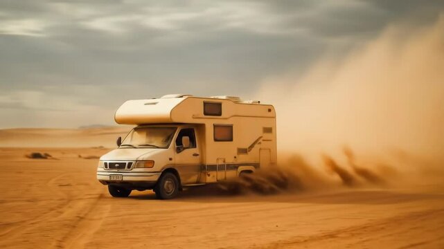 Adventurous offroad journey with rv in vibrant desert dust storm