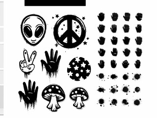 A seamless vector set of black and white animal icons, featuring skulls, flowers, and nature elements