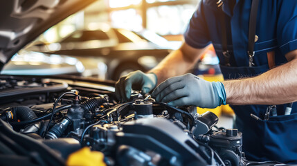 A car mechanic technician repairs a car in an auto repair shop, tools in hand and focused on the work. The concept of expertise, maintenance, and the essential role of mechanics in vehicle care.