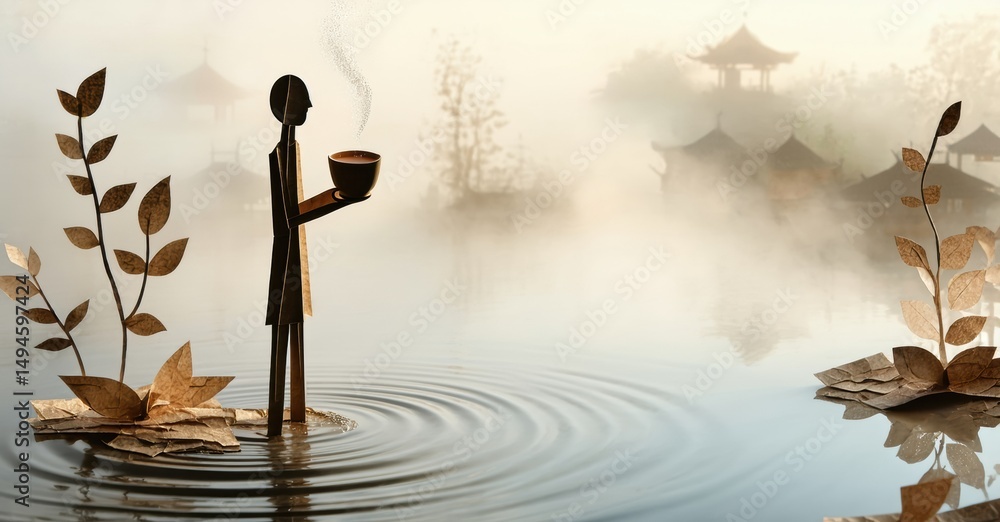 Poster minimalist figure holds steaming cup. water ripples surround small islands with foliage. distant pag