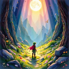 Youthful Traveler on a Magical Path Through Mountains at Night