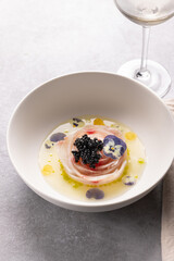 A traditional dish in Peru, ceviche, an elegant appetizer of fresh fish in lime sauce leche de tigre