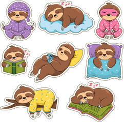 Cute sloth sticker pack with cozy bedtime activities. Funny sleeping animal characters in pajamas and relaxing poses. Vector set for planners, scrapbooking, and mood journals. © Levtora