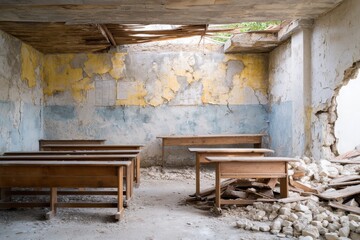 Abandoned Classroom with Overturned Desks and Crumbling Walls