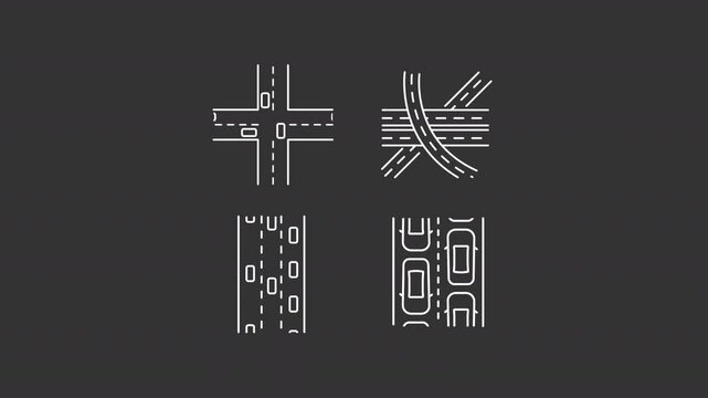Road traffic regulation animation set. Crossroads and junctions structure in city animated white line icons. Safe driving to avoid risks. Isolated elements on dark background. Alpha channel HD video