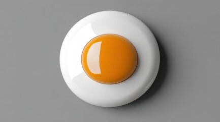 A stylized, digitally rendered fried egg; a glossy orange yolk centered on a smooth, white circle against a grey background
