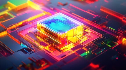A vibrant, glowing cube of translucent material sits at the center of a complex, metallic, and colorful circuit board