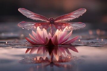 Delicate Dragonfly with Transparency Wings Resting on a Blooming Pink Lotus Flower Under Soft Sunset Light