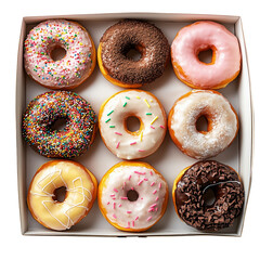 Assorted donuts with colorful icing and toppings in a box, isolated on white transparent background. Concept of sweet bakery treat