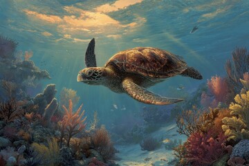 Naklejka premium Beautiful underwater scene featuring a sea turtle swimming gracefully through vibrant coral reefs and colorful marine life