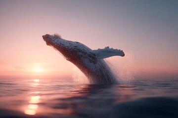 Majestic Humpback Whale Breaching Out of Calm Ocean Waters at Sunset with Vibrant Sky Colors