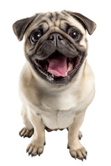 Fototapeta premium Happy pug with silly open mouth expression, showcasing its playful personality and charm. This adorable half body shot captures essence of joy and companionship in pet