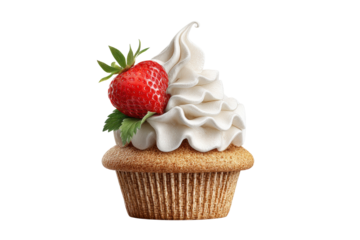 PNG Delicious vanilla cupcake with strawberry topping on black background