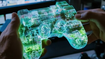 Digital Gaming Controller: A modern hand holds a glowing, digital rendition of a game controller, signifying the future of gaming and technological advancement. - Powered by Adobe