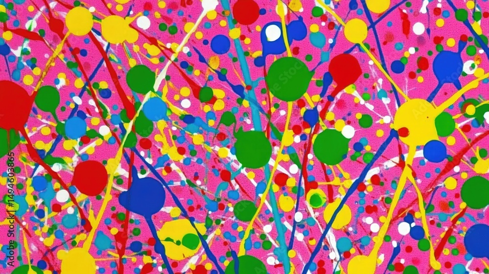 Aufkleber vibrant pink backdrop with multicolored splatters and dots of paint in various sizes and shapes