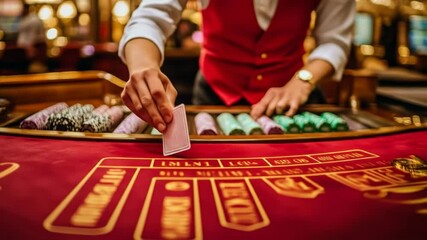 Casino dealer handling cards on poker table in vibrant casino environment