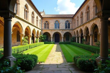Obraz premium Ancient Benedictine abbey cloister, serene garden , stone, church