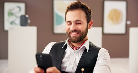 Fototapeta premium Smile, man and reading with phone at art gallery for research, artwork information and schedule event. Male curator, mobile and social media reviews, online auction and showroom catalog of exhibition