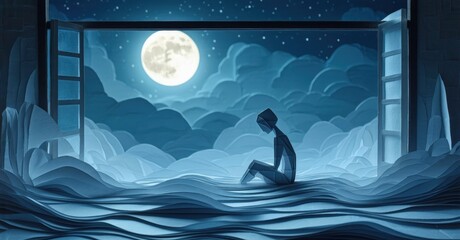 Silhouette sits, head down, before open window. Moon shines through clouds, creating dramatic scene. Blue tones dominate composition.