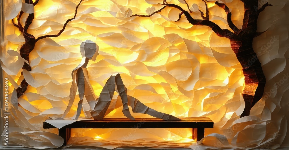 Poster papercraft scene depicts person sitting on bench. warm lighting creates dramatic effect. trees frame