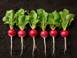 Six vibrant red radishes with lush green tops arranged neatly in a row on dark soil
