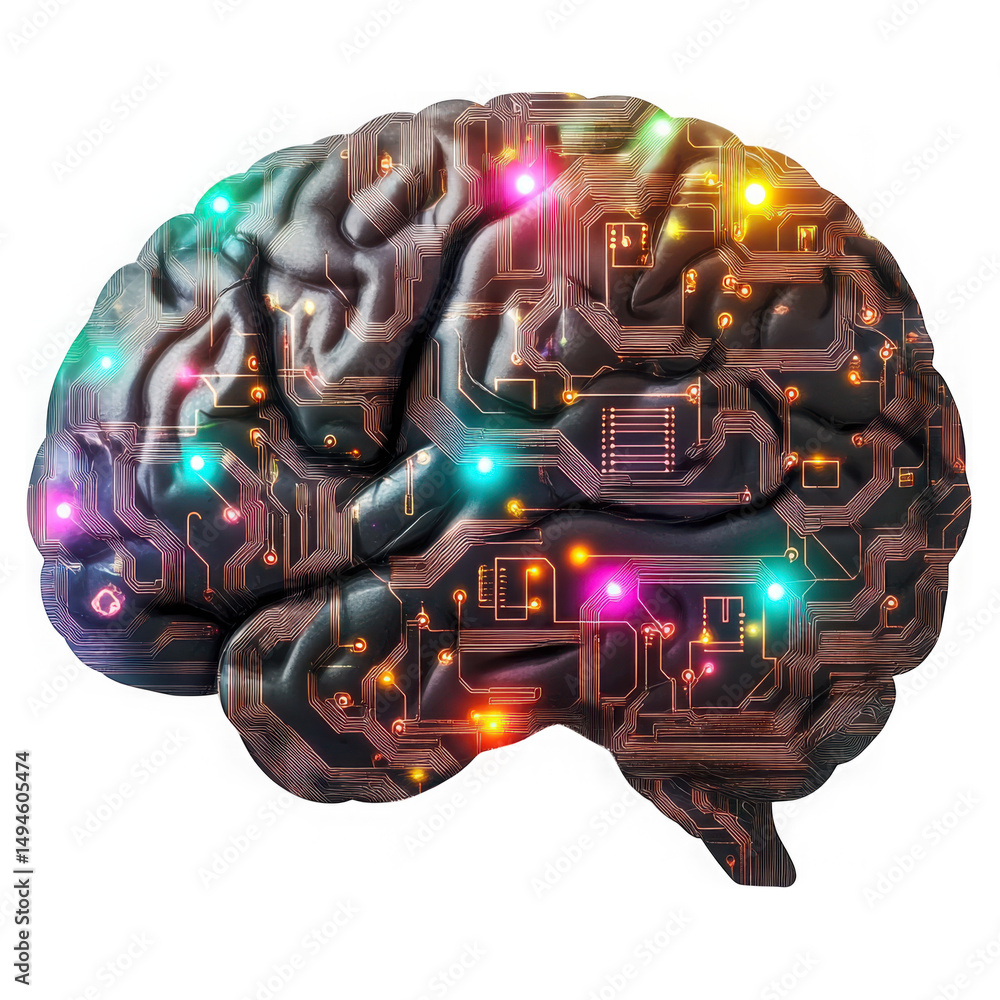 Poster digital brain circuit design on transparent background