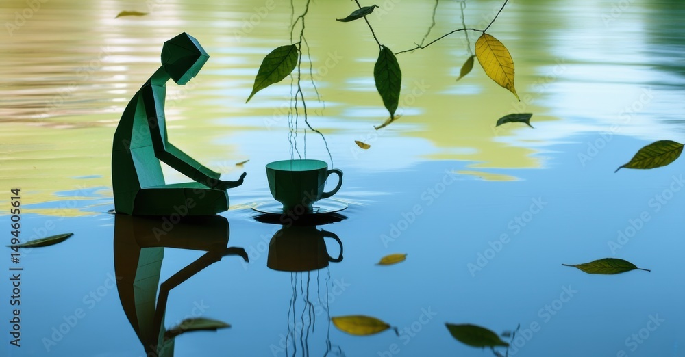 Poster stylized figure sits near water, enjoying beverage. leaves fall, creating serene reflection. peacefu