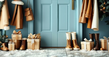 Festive entryway scene. Gifts, coats, boots present. Winter ambiance with faux snow, holiday decorations. Warm neutral tones dominate composition.