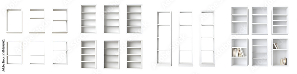 Poster a collection of versatile modern shelving units in a minimalist white design that can be arranged in